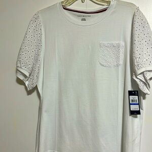 Tommy Hilfiger NWT all cotton top with eyelet sleeves in white, size XL